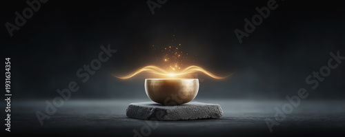 Metallic singing bowl glowing night mood, meditation, spiritual energy, mystical atmosphere, relaxation, dark background, stone base