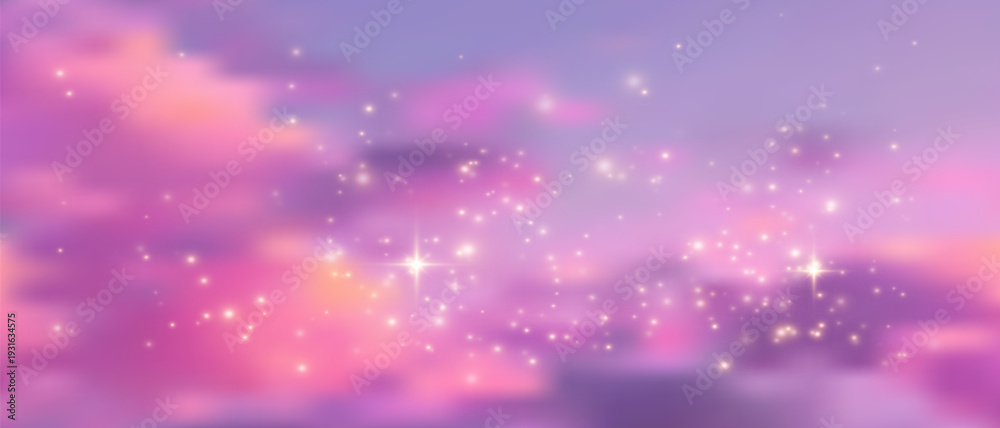 Obraz premium Pink sparkle sky backdrop with glittering stars and soft pastel clouds, ideal for dreamy unicorn designs, cute princess themes, or magical fantasy illustrations.