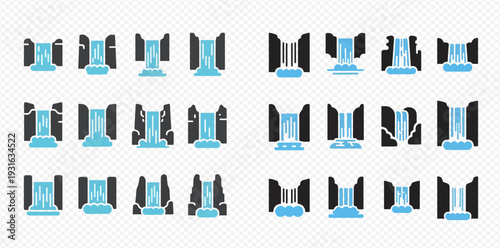 Set of various waterfall icons, showing different styles and flows of water over cliffs and rocks.
