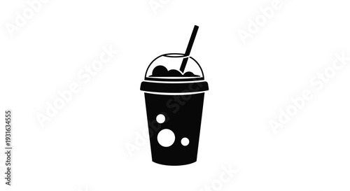 Simple black and white illustration of a plastic cup with a drink and straw