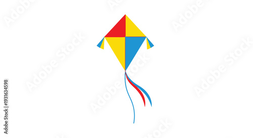A colorful diamond kite with a long tail floats against a white background