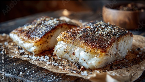 Delicious pan seared halibut fish fillets with spices on wooden board