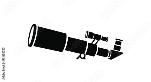 A black silhouette of a refracting telescope on a white background