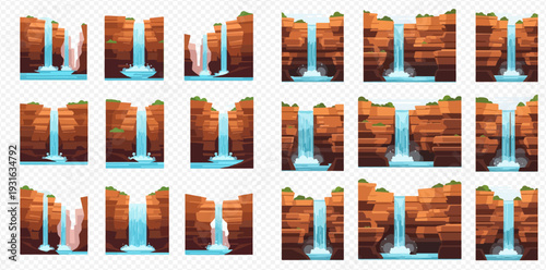 Set of cartoon waterfalls and cascades with rocky cliffs and flowing water, isolated vector elements for game design or animation.
