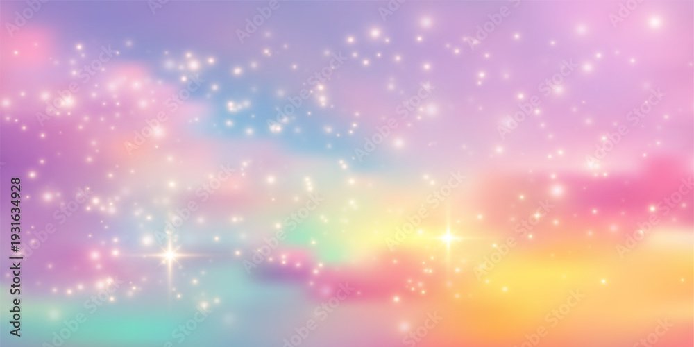 Fototapeta premium Magical rainbow cloud background with pastel gradient sky, shimmering glitter, and dreamy stars. Ideal for fairy tale designs, cute unicorn art, and fantasy princess illustrations.