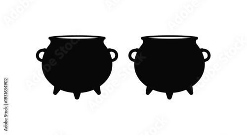 Two black silhouettes of traditional cauldrons on a white background