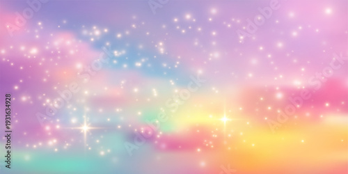 Magical rainbow cloud background with pastel gradient sky, shimmering glitter, and dreamy stars. Ideal for fairy tale designs, cute unicorn art, and fantasy princess illustrations.