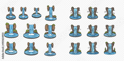 Set of cartoon waterfalls and cascades with rocks, water, and splashes for game design elements.