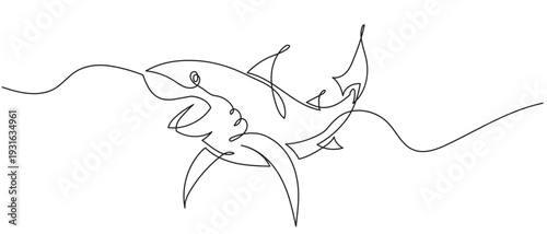 Continuous one line drawing of a shark swimming through waves, minimalist black outline on white background, clean and modern marine shark line art design.