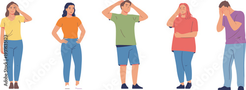 Vector illustration showing diverse individuals expressing confusion, stress, and contemplation through body language and facial expressions in emotional reaction scenes.