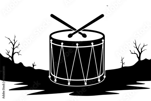 Black and White Drum with Sticks Illustration