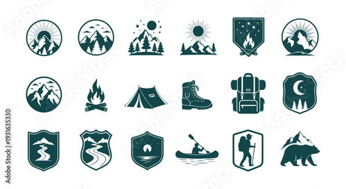Outdoor Adventure Nature Camping Hiking Emblems Mountain Forest Wilderness Explorer Vector Logo Kit