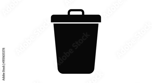 Simple black silhouette of a wastebasket on a white background