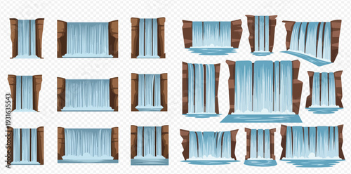 Set of cartoon waterfalls with various shapes and sizes, natural water cascades from mountain rocks.
