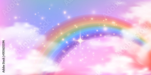 Pastel rainbow sky with glitter and dreamy stars. Cute unicorn magic backdrop featuring soft gradients, sparkles, and enchanting fantasy elements for creative projects.