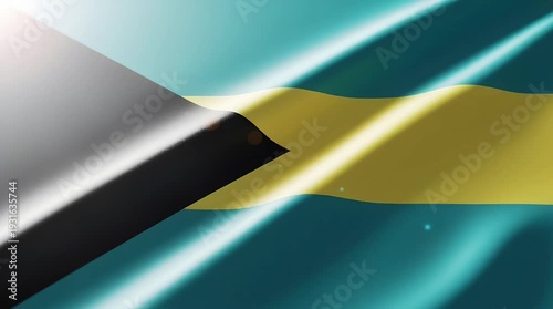 Close-up view of the national flag of The Bahamas, featuring a black triangle on the hoist side and three horizontal stripes of aquamarine, gold, and aquamarine.