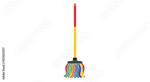 A colorful string mop with a red handle stands vertically on white