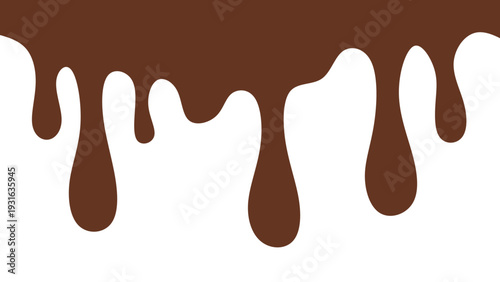 Melted chocolate or syrup drips isolated on a white background. Flowing liquid chocolate border element. A sweet brown syrup or sauce that melts and drips.