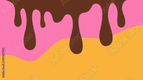 Sweet melting chocolate and pink strawberry icing glaze background. Melted syrup or dripping liquid sauce. Minimalist sweet chocolate and strawberry pink background. Minimalist wavy background.