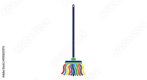 A colorful string mop with a blue handle hangs against a white background