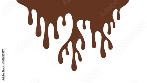 Melted chocolate or syrup drips isolated on a white background. Flowing liquid chocolate border element. A sweet brown syrup or sauce that melts and drips.