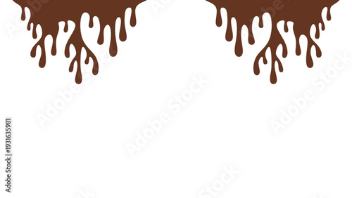 Melted chocolate or syrup drips isolated on a white background. Flowing liquid chocolate border element. A sweet brown syrup or sauce that melts and drips.
