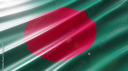 Waving flag of Bangladesh with a vibrant red disc on a green background, showing ripples and reflections.