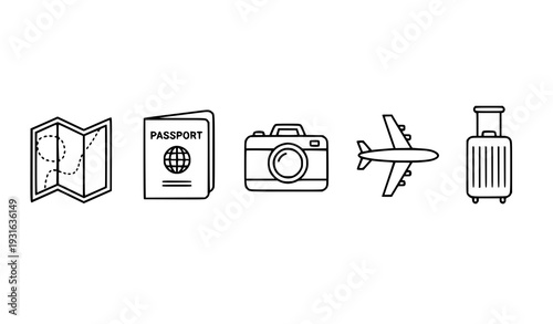 Minimal Travel Outline Icon Collection Map Passport Airplane Vector