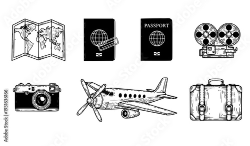 Vintage Travel Adventure Sketch Icon Set Map Passport Camera Airplane Vector