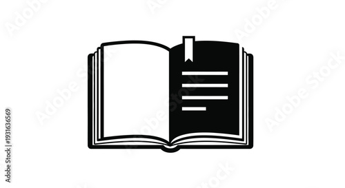 An open book icon with a bookmark depicted in black and white