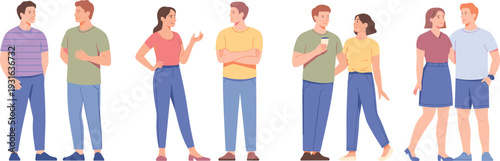 Vector illustration of diverse people in pairs engaging in friendly conversation, casual communication, and social interaction with relaxed body language.