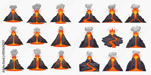 Set of cartoon volcano eruptions with lava and smoke, isolated vector illustrations on transparent background.