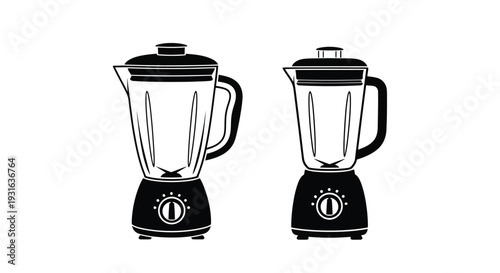 Two black and white illustrations of modern kitchen blenders