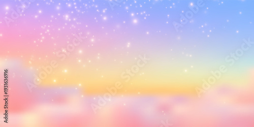Dreamy pastel rainbow background with glitter sparkles and fluffy clouds. Magical unicorn-themed backdrop featuring soft gradient colors and shimmering rainbow hues.