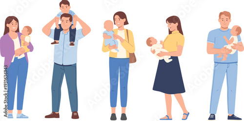 Vector illustration of diverse parents and caregivers holding babies, showing nurturing family love, parenting, childcare, and emotional bonding scenes.