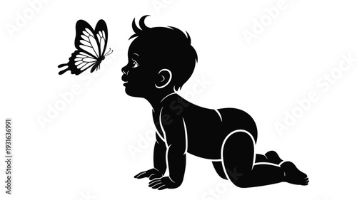 Black silhouette of a crawling baby looking at a butterfly, infant discovery and nature interaction, innocence, childhood wonder, vector illustration.