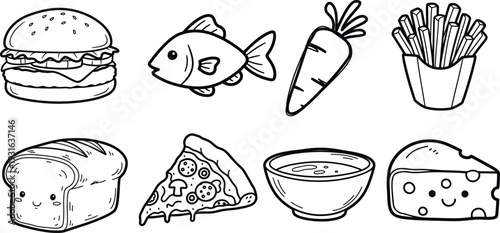 Set of 8 Food Icons Vector in Black and White Doodle Style