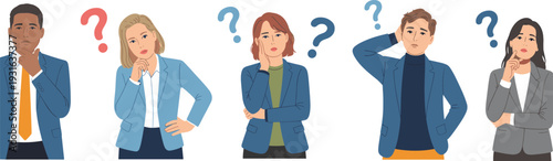 Vector illustration of diverse business people with question marks showing confusion, doubt, and contemplation in problem-solving and decision-making scenes.