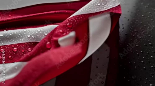 Close-up of a red and white striped american flag fabric with water droplets beading on its surface, showcasing water repellency.
