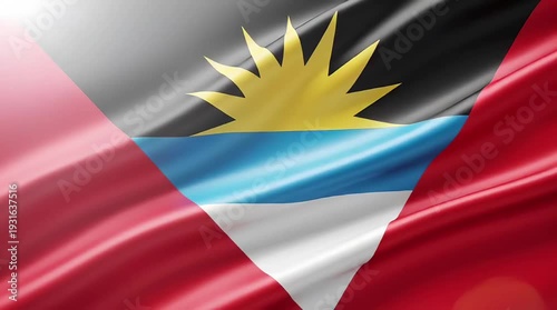 Close-up view of the national flag of Antigua and Barbuda, featuring its vibrant red, black, blue, and white colors with a golden sun emblem, rendered in a silky, flowing texture.