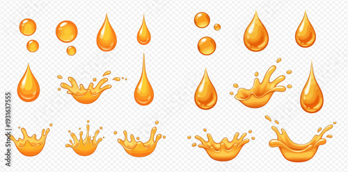 Set of realistic orange liquid splashes, drops, and bubbles on a transparent background, depicting juice, honey, or oil.
