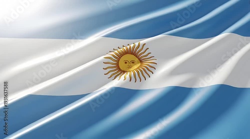 Waving flag of Argentina with the Sun of May emblem, showcasing national pride and identity.