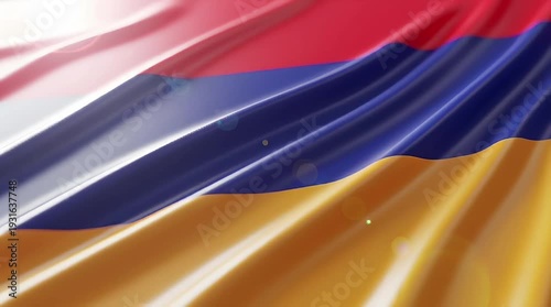 Close-up view of the national flag of Armenia waving in the wind, showcasing its vibrant red, blue, and orange colors.