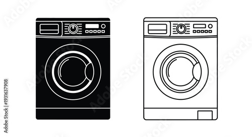 Black and white line art depiction of two front loading washing machines