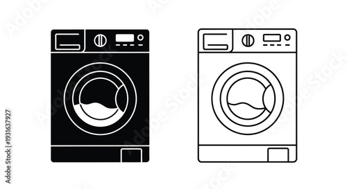 Washing machine icons black silhouette and white outline versions
