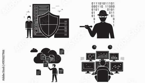 IT Security and Cloud Data Protection Concept with Cybersecurity Professional and Server Flat Vector Illustration