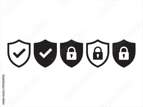 Security Shield Icon Set with Check Mark and Lock Vector Illustration. Security shield icon set with check mark symbols