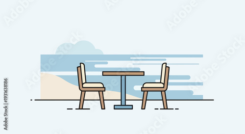 Seaside Cafe Table and Chairs Overlooking Ocean, Tranquil Vacation Illustration