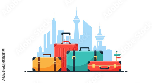 Colorful Travel Luggage Stack with Blue City Skyline, Vacation and Tourism Concept Illustration