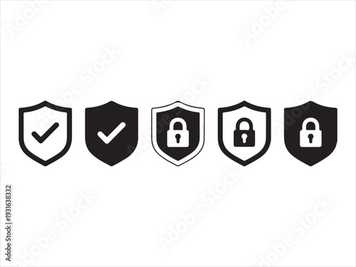 Security Shield Icon Set with Check Mark and Lock Vector Illustration. Security shield icon set with check mark symbols